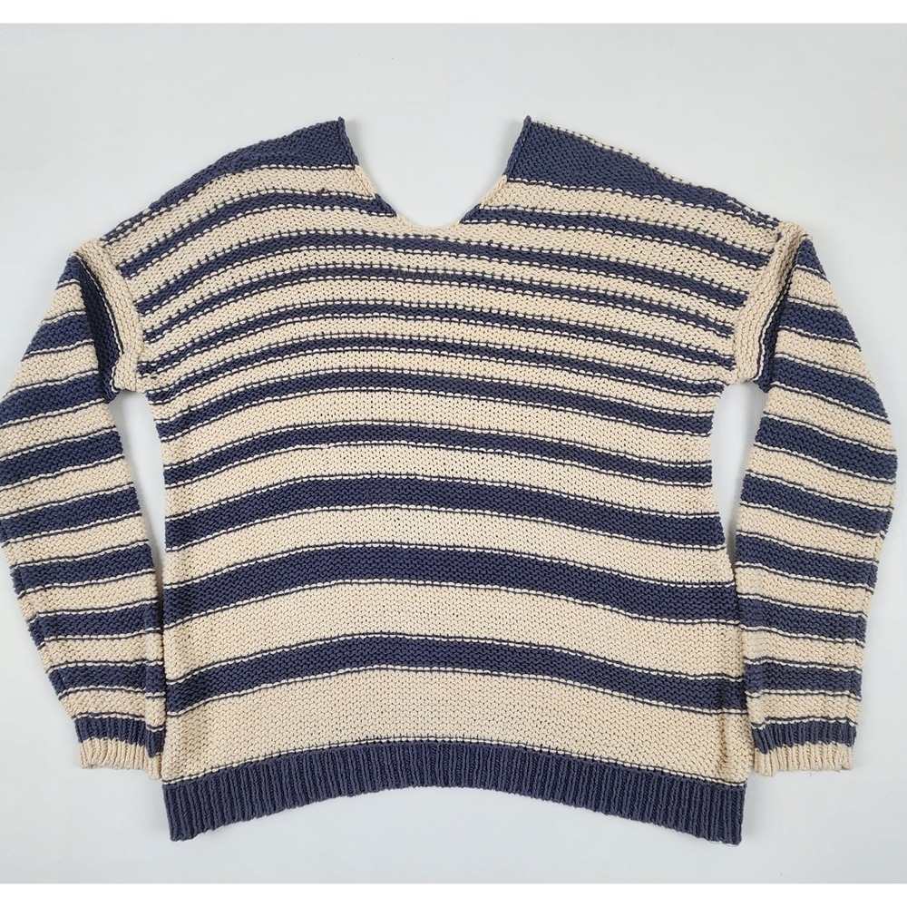Vince Striped V Neck Sweater M Navy Cream Chunky Knit Nautical Quiet Luxury - Picture 2 of 13